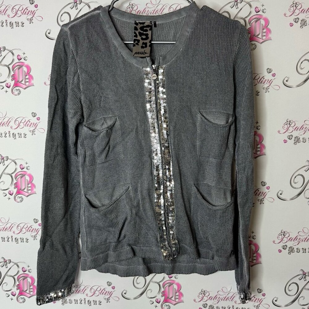 Poools cardigan sweater zip up sparkly Sequin Buttoned Sweatshirt